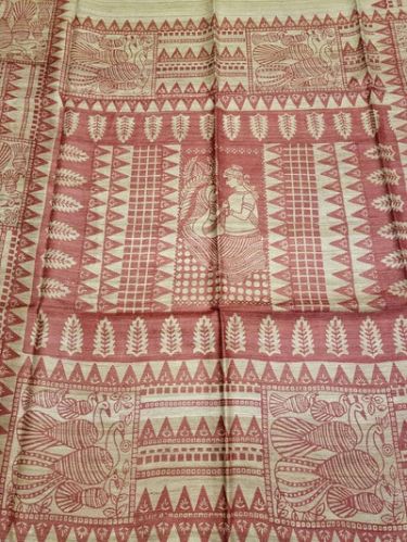 Red Hand Block Print Pure Tussar Silk Saree
