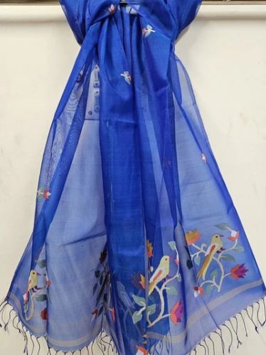 Regal Elegance - Peacock Blue Handloom Muslin Silk Dupatta