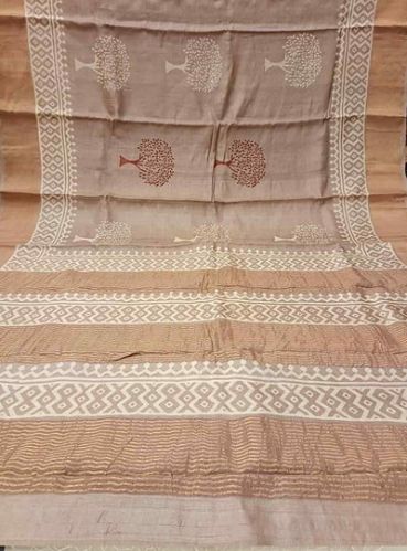 TAUPE & OFF WHITE/RUST TUSSAR SILK HANDBLOCK TREE PRINT SAREE