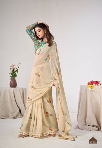 Printed Ladies Designer Georgette Saree, Color : Creamy Casual Wear