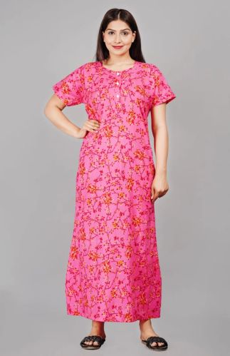 Ladies Pink Floral Printed Cotton Night Gown