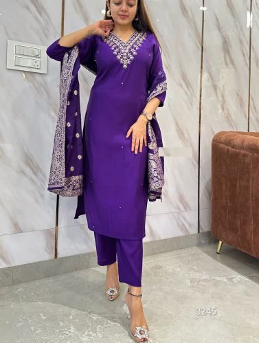 Ladies Purple V Neck Roman Silk Suit Set