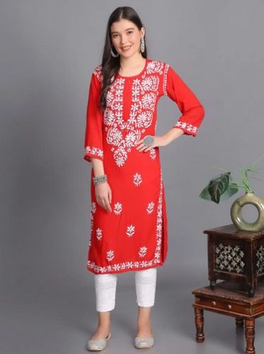 Embroidered Gala Bata Red Rayon Chikankari Kurti S to XL