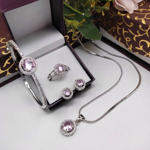 Ladies Brass Pink Stone Pendant Combo Set