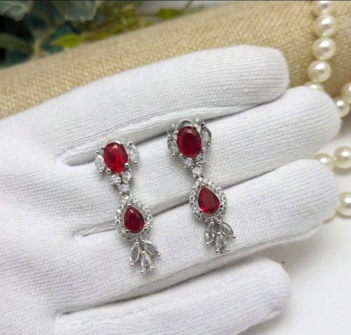 Polished Ladies Brass Red Stone Earring Party Wear