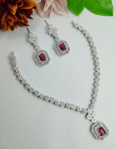 Ladies Pink Stone Brass Party Wear Necklace Set