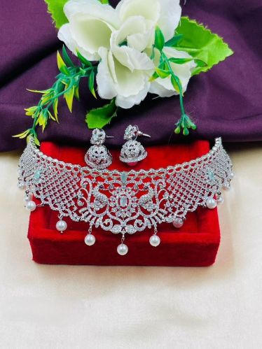 Ladies Silver Polished Brass Stone Necklace Set