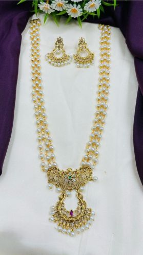 Polished Traditional Brass Long Pearl Necklace Set Party Wear