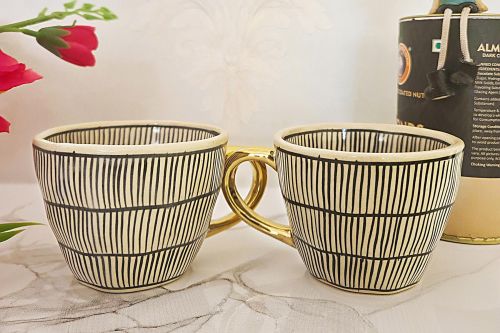 Handmade Ivory Ceramic Mug Set with Black Row Design