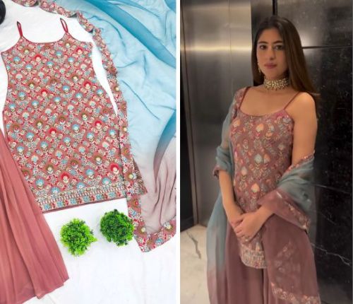 Ladies Designer Faux Georgette Embroidery Sharara And Suit Set