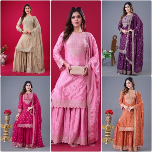 Ladies Designer Party Wear Chinon Silk Sharara Suit Set