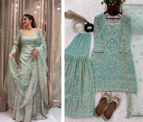 Ladies Faux Georgette With Heavy Embroidery Sequence Work Sharara And Suit Set