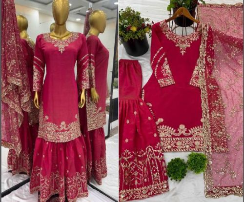 Ladies Shimmer Silk Designer Sharara Suit Set