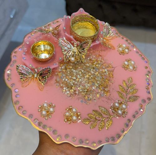 Glossy Resin Pooja Thali 8 inches, Packaging Type : Pink