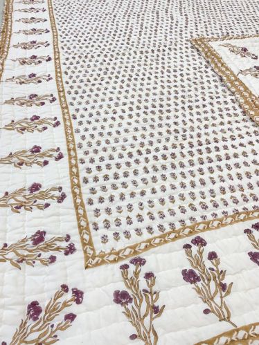 Off White Floral Hand Block Print Quilt Blanket