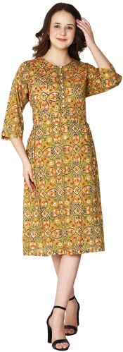 V-neck Printed Cotton Ladies Beautiful One Piece Dress Casual Wear