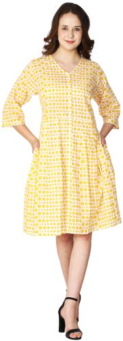 V-neck Printed Cotton Ladies Handloom One Piece Dress Casual Wear