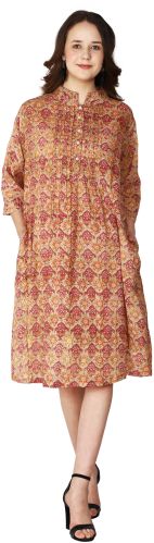 Printed Cotton Collar Neck Ladies Multicolor One Piece Dress