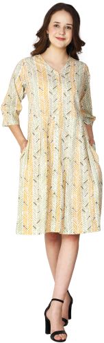 Cotton V-neck Printed Ladies V Neck One Piece Dress Casual Wear