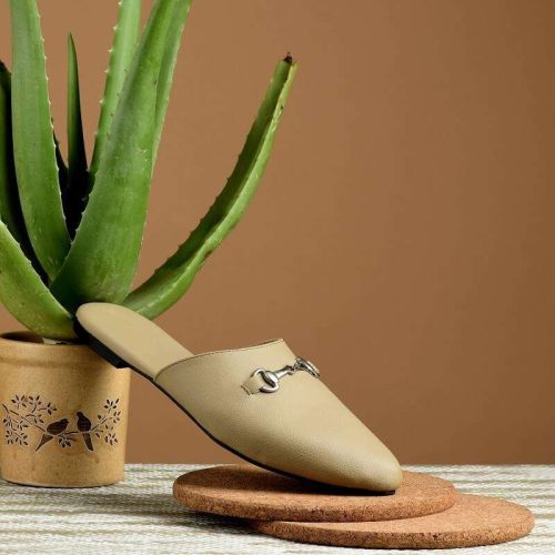 Leather Metal Accent Round-Toe Women Mules Shoes