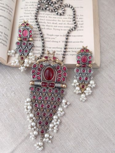 Polished German Silver Red Stone Necklace Set