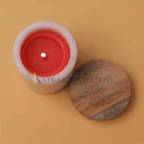 Plain Marble Candle Jar With Wooden Lid, Technics : Hand Made