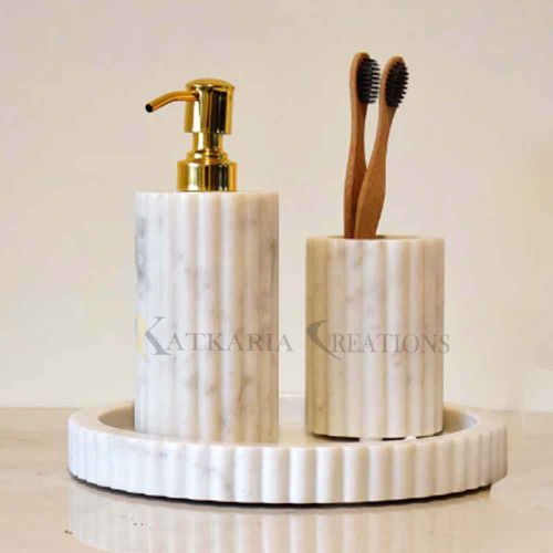 Katkaria Creations Polished Marble Flute Bathroom Set, Color : White