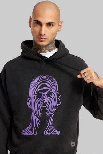 Acid Washed Black Printed Hoodie