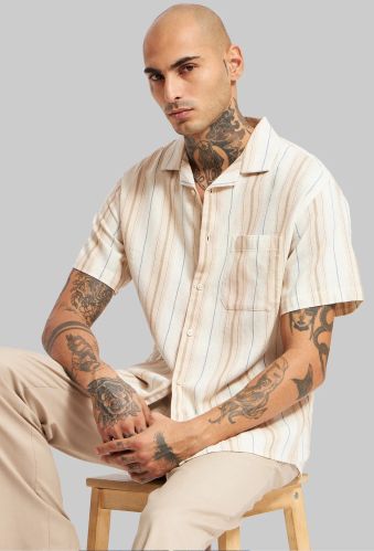 Cotton Beige Striped Textured Cuban Collar Shirt
