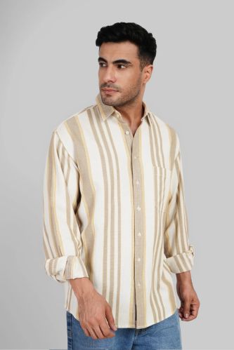 Cotton Khaki Brown Striped Textured Shirt M