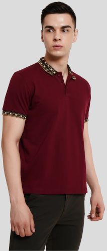 Pique Cotton Lycra Maroon Patchwork Collar Polo T-Shirt for Casual Wear
