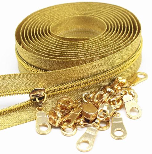 Gold Metallic Nylon Coil Zippers for Garments, Bags, Accessories