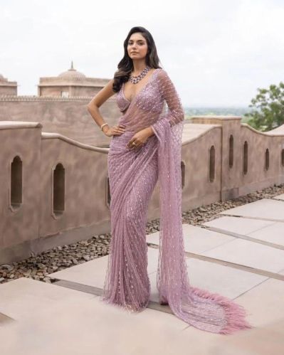 Baby Pink Color Nylon Butterfly Net Sequence Women Saree