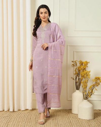 Baby Pink Roman Silk Kurti with Pant & Dupatta Set For Women