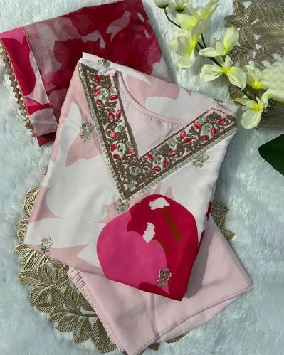 Light Peach Muslin Embroidered Women Dress with Pant & Dupatta