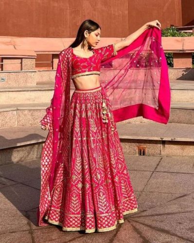 Pink Malai Satin Zari Embroidery Women Lehenga Choli
