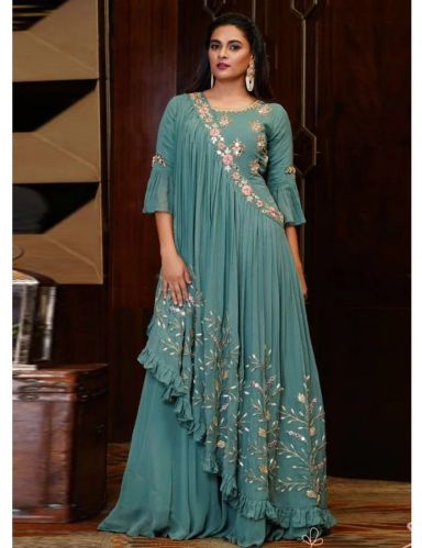 Rama Coloured Party Wear Georgette Women Gown With Dupatta