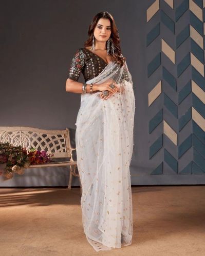 White Butterfly Net Sequins Embroidery Party Wear Women Saree