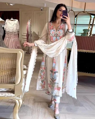 White Color Faux Georgette Embroidery Women Salwar Kameez