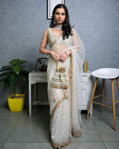 White Color Nylon Net Sequence Party Wear Women Saree