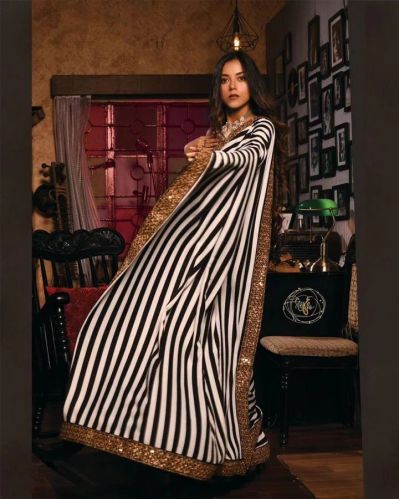 White Color Silk Thread Embroidery Women Saree