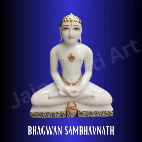 White Makrana Marble Sambhavnath God Statue 17 Inches