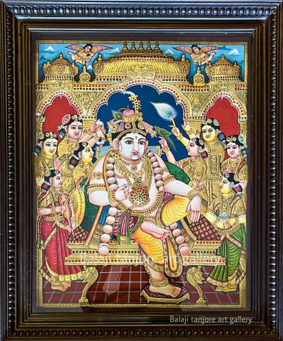 Krishna Leelai Antique Style Semi Embossing Tanjore Painting