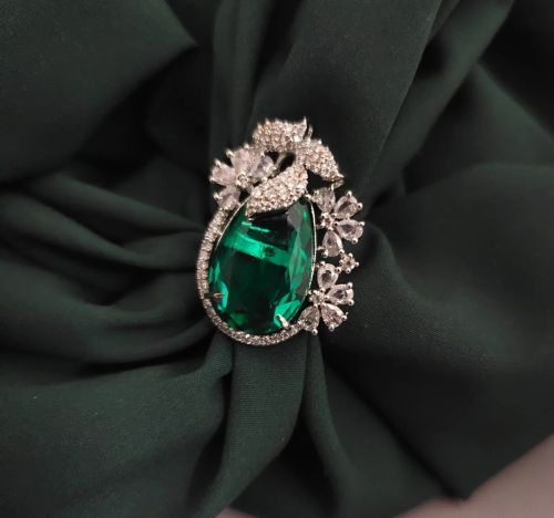 Glamaya Brass Green Doublet Cz Ring For Women, Color : Multi Colour