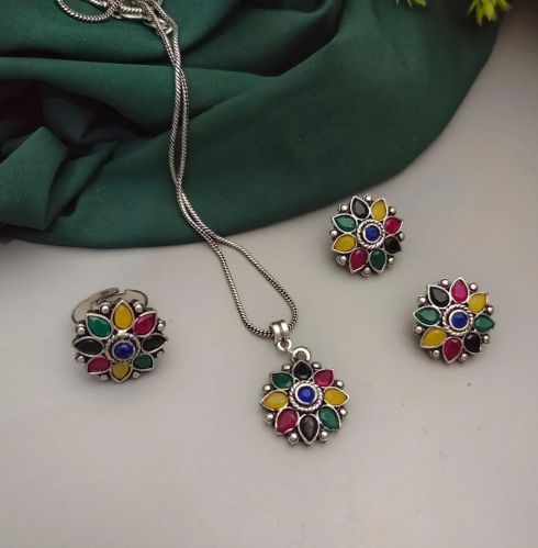 Glamaya German Silver Multi-pendant Oxidised Jewelry Set For Women