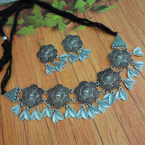 Oxidised Flower Choker Women Necklace Earring Set