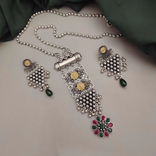 Trendy Two Tone Oxidized Long Chain Necklace Set For Women