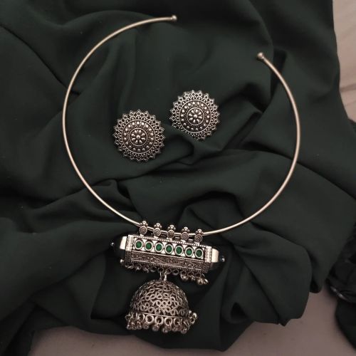 Women Elegant Oxidised Stone Jhumka Necklace Set