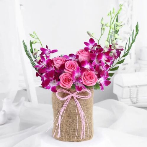 Rose Orchid Symphony Bouquet, Packaging Type : Jute Potli Bag
