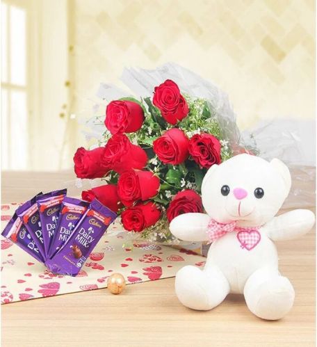 Teddy Chocolates Flowers Gift Set, Color : Red